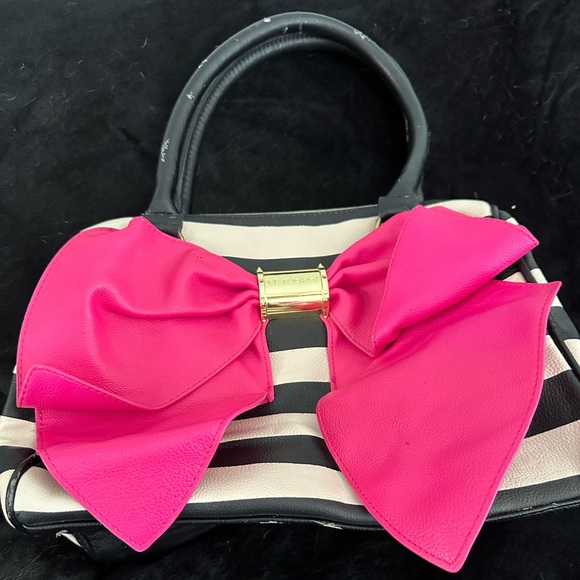 Betsey Johnson Pink and Black Striped Bag with Bow - Picture 1 of 5